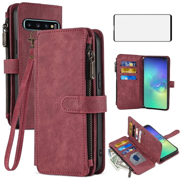 Asuwish Kickstand Hard Shell Wallet Cell Phone Case with Tempered Glass Screen Protector for Samsung Galaxy S10 Plus, Red