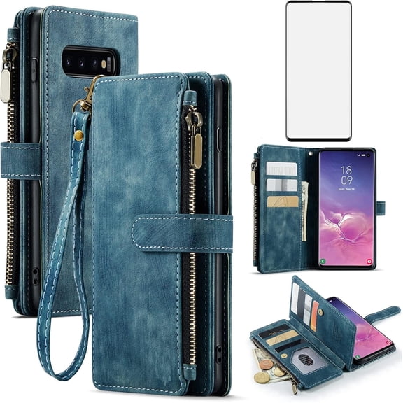 Asuwish Kickstand Hard Shell Wallet Cell Phone Case with Tempered Glass Screen Protector for Samsung Galaxy S10 Plus, Blue