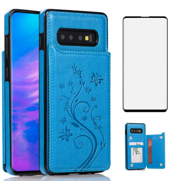 Asuwish Compatible with Samsung Galaxy S10 Plus Wallet Phone Case Tempered Glass Screen Protector and Flower PU Leather Credit Card Holder Stand Cell Cover for S10+ S10plus 10S Edge S 10 10plus Blue