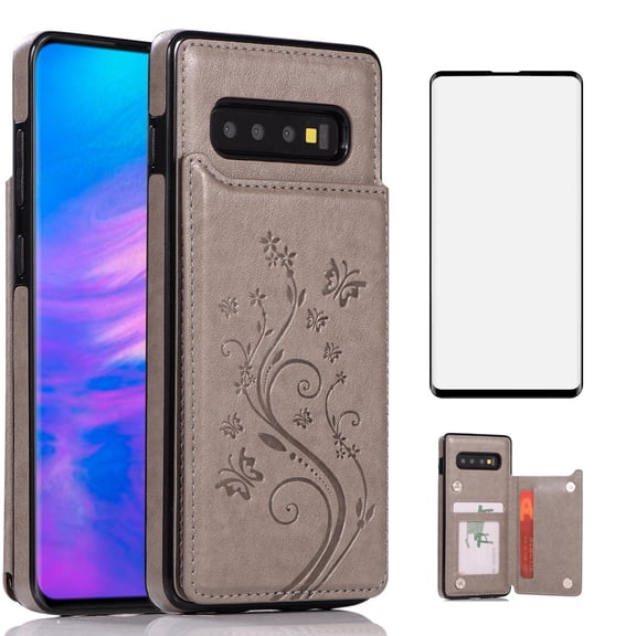 Asuwish Compatible with Samsung Galaxy S10 Wallet Phone Case Tempered Glass Screen Protector and Flower PU Leather Credit Card Holder Stand Slot Cell Cover for S 10 Edge 10S GS10 X10 Women Men Grey