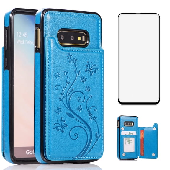 Asuwish Compatible with Samsung Galaxy S10e Wallet Phone Case Tempered Glass Screen Protector and Flower PU Leather Credit Card Holder Stand Slot Mobile Cell Cover for S 10e 10se Se10 Women Men Blue
