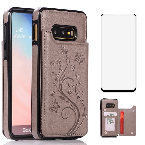 Asuwish Compatible with Samsung Galaxy S10e Wallet Phone Case Tempered Glass Screen Protector and Flower PU Leather Credit Card Holder Stand Slot Mobile Cell Cover for S 10e 10se Se10 Women Men Grey