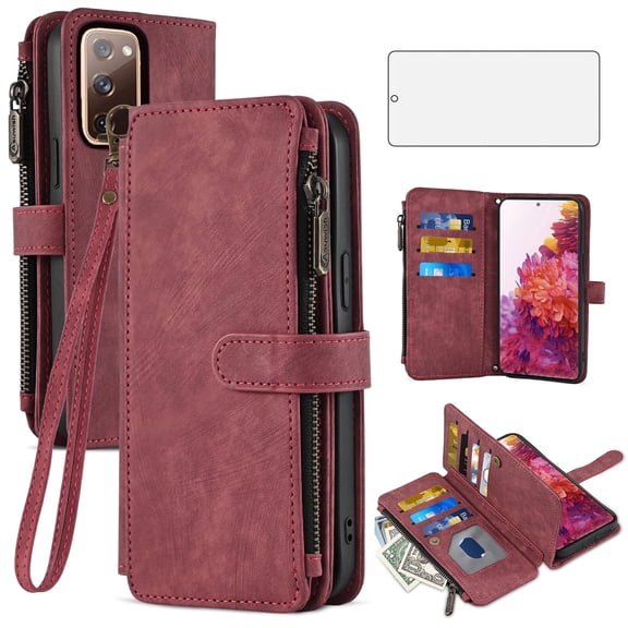 Asuwish Kickstand Hard Shell Wallet Cell Phone Case with Tempered Glass Screen Protector for Samsung Galaxy S20 FE/S20 FE 2022/S20 FE UW, Red