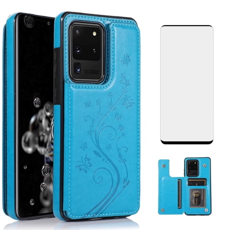Asuwish Compatible with Samsung Galaxy S20 FE 5G 6.5 inch Wallet Phone Case Screen Protector and Flower Card Holder Stand Cell Cover for S 20 EF UW 2022 S20FE5G S20FE 20S S2O Fan Edition 4G G5 Blue