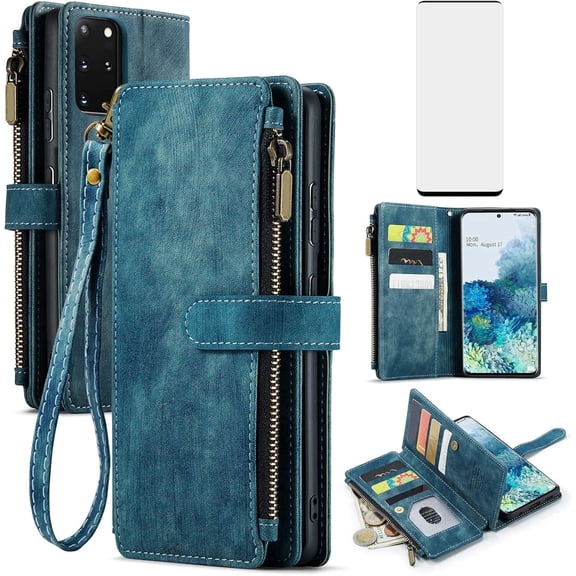 Asuwish Kickstand Hard Shell Wallet Cell Phone Case with Tempered Glass Screen Protector for Samsung Galaxy S20 Plus, Blue