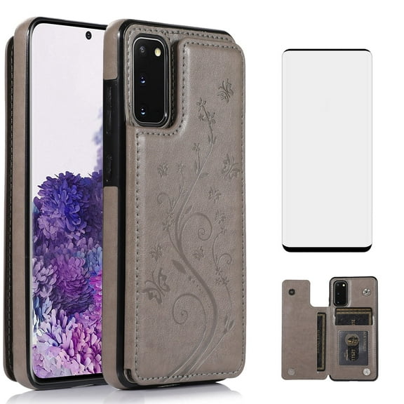 Asuwish Compatible with Samsung Galaxy S20 Plus S20+ 5G Wallet Phone Case Tempered Glass Screen Protector and Flower Credit Card Holder Stand Cell Cover for S20+5G S20plus 20S + S2O S 20 20+ G5 Grey