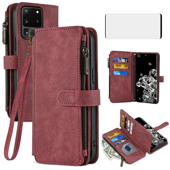 Asuwish Compatible with Samsung Galaxy S20 Ultra 5G Wallet Phone Case and Tempered Glass Screen Protector Faux Leather Flip Card Holder Zipper Cell Cover for S20ultra 20S S 20 A20 S2O 20ultra G5 Red
