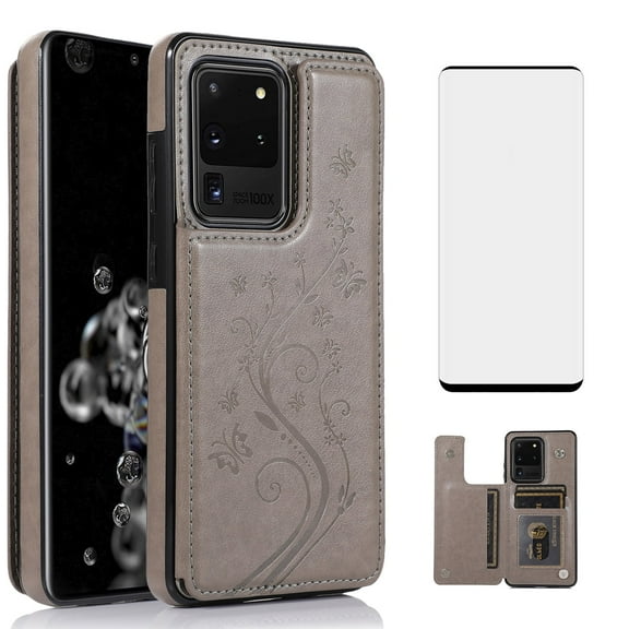Asuwish Compatible with Samsung Galaxy S20 Ultra 5G Wallet Phone Case Tempered Glass Screen Protector and Flower PU Leather Card Holder Stand Cell Cover for S20ultra 20S S 20 A20 S2O 20ultra G5 Grey