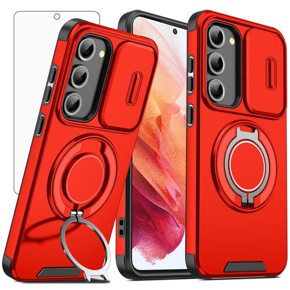 Asuwish Compatible with Samsung Galaxy S21 5G 6.2 inch Phone Case Slide Camera Cover Tempered Glass Screen Protector Stand Ring Holder Rugged Slim Cell for S 21 21S G5 Women Men Red