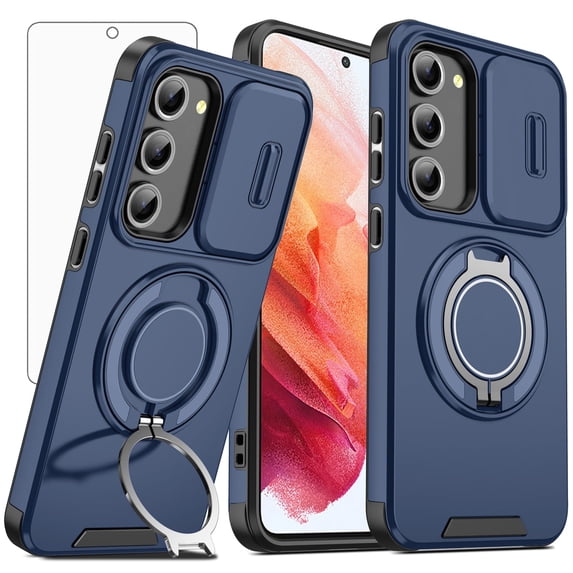 Asuwish Compatible with Samsung Galaxy S21 5G 6.2 inch Phone Case Slide Camera Cover Tempered Glass Screen Protector Stand Ring Holder Rugged Slim Cell for S 21 21S G5 Women Men Blue