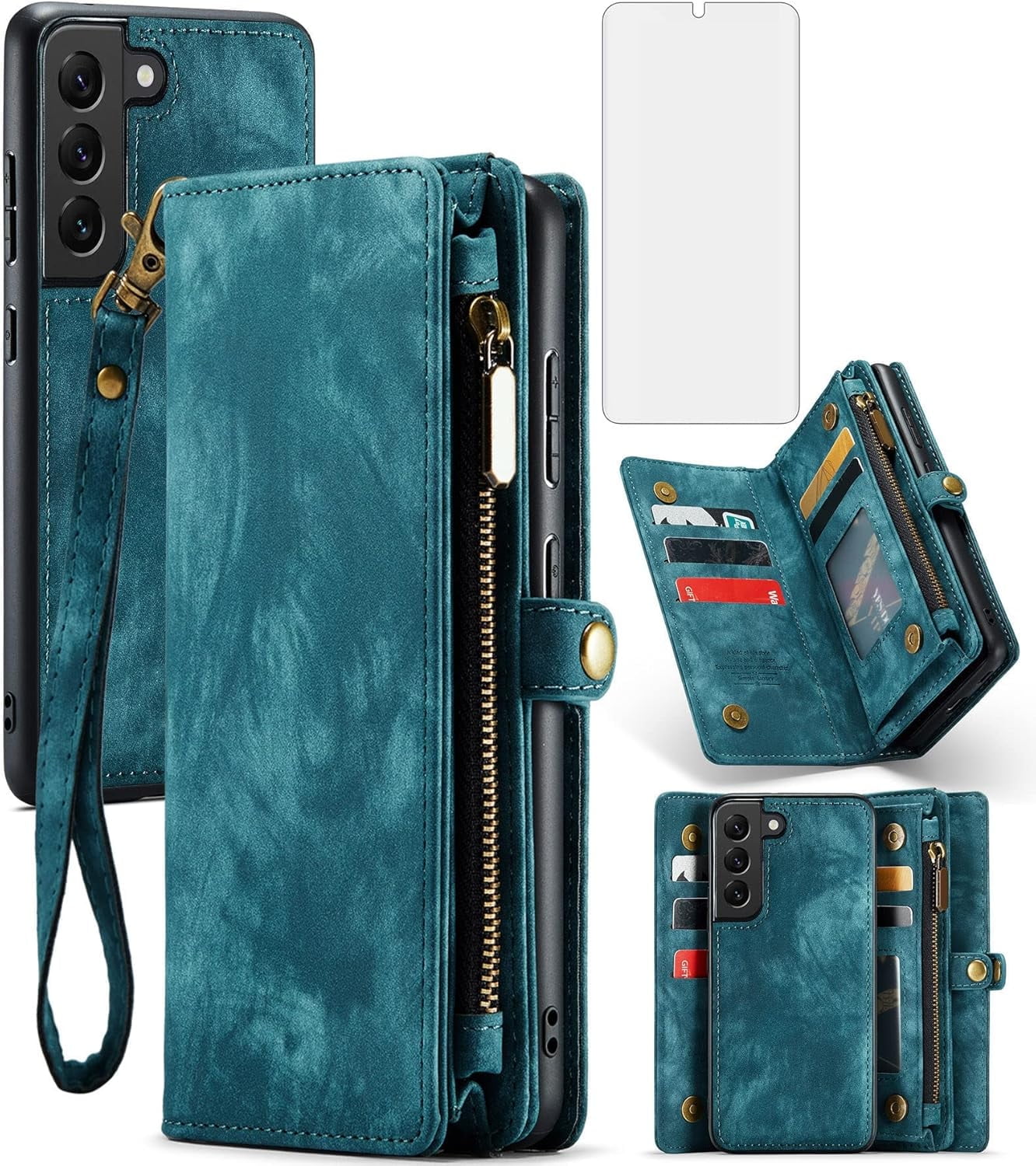 Asuwish Compatible with Samsung Galaxy S21 5G 6.2 inch Phone Case Zipper Wallet Detachable Tempered Glass Screen Protector Crossbody Strap Flip Card Holder Cell Cover for S 21 21S G5 Women Girls Blue