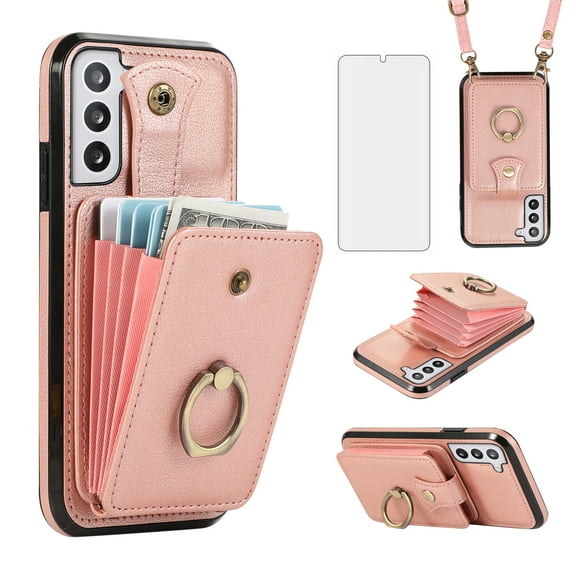 Asuwish Compatible with Samsung Galaxy S21 5G 6.2 inch Wallet Phone Case Screen Protector Ring Crossbody Strap Stand Credit Card Holder RFID Cell Cover for S 21 21S G5 Women Girls Rose Gold
