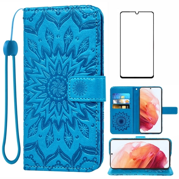 Asuwish Compatible with Samsung Galaxy S21 5G 6.2 inch Wallet Phone Case and Tempered Glass Screen Protector Flip Credit Card Holder Stand Mandala Flower Cell Cover for S 21 21S G5 Women Men Blue