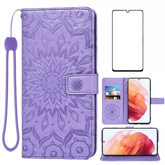 Asuwish Compatible with Samsung Galaxy S21 5G 6.2 inch Wallet Phone Case and Tempered Glass Screen Protector Flip Credit Card Holder Stand Mandala Flower Cell Cover for S 21 21S G5 Women Men Purple