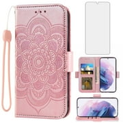 Asuwish Compatible with Samsung Galaxy S21 5G 6.2 inch Wallet Phone Case and Tempered Glass Screen Protector Flip Credit Card Holder Stand Mandala Flower Cell Cover for S 21 21S G5 Women Men Pink
