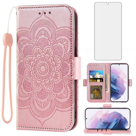 Asuwish Compatible with Samsung Galaxy S21 5G 6.2 inch Wallet Phone Case and Tempered Glass Screen Protector Flip Credit Card Holder Stand Mandala Flower Cell Cover for S 21 21S G5 Women Men Pink