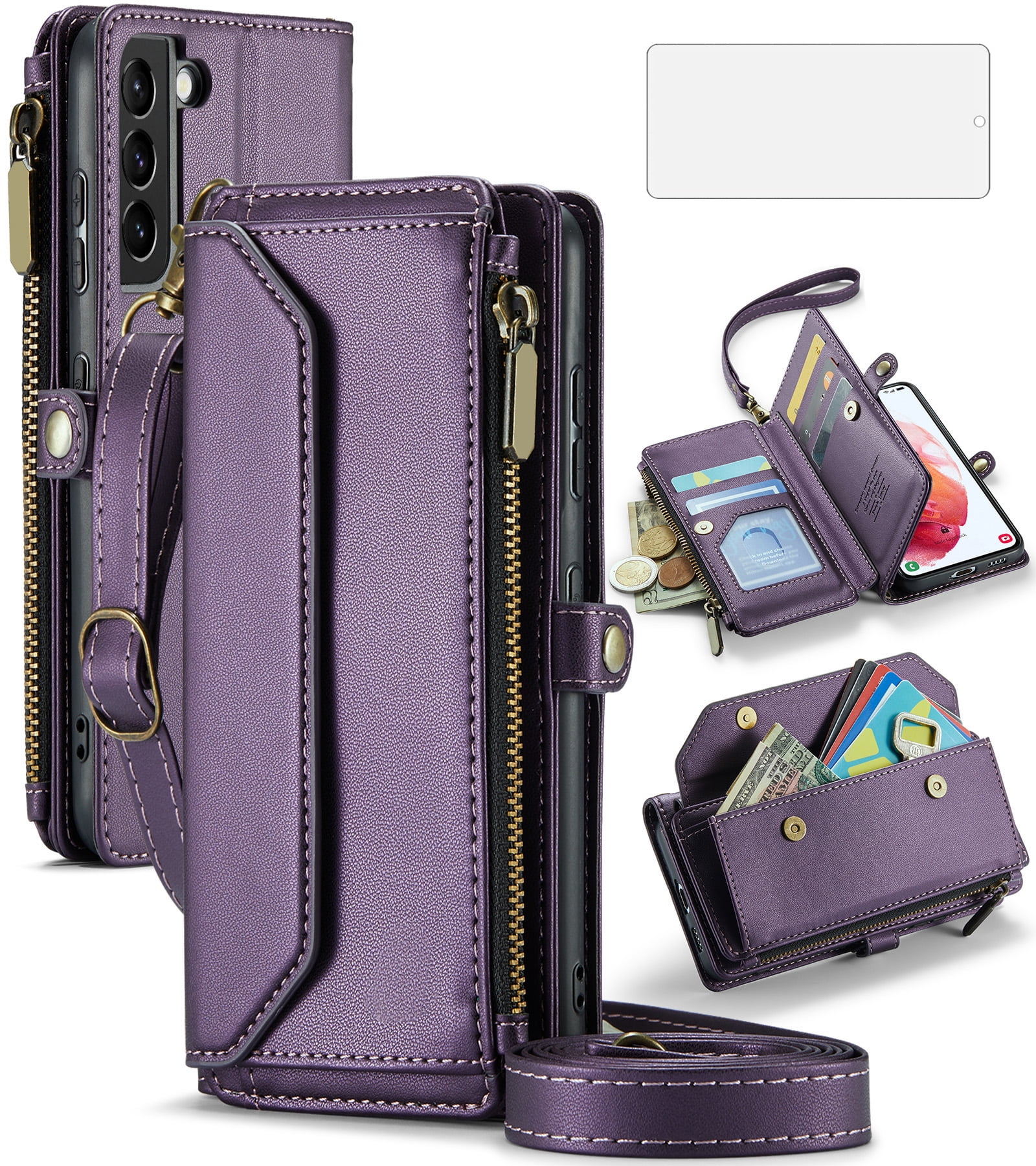Asuwish Compatible with Samsung Galaxy S21 5G 6.2 inch Zipper Wallet Phone Case Tempered Glass Screen Protector Crossbody Lanyard Strap Flip Card Holder Slot Cell Cover for S 21 21S G5 Women Purple