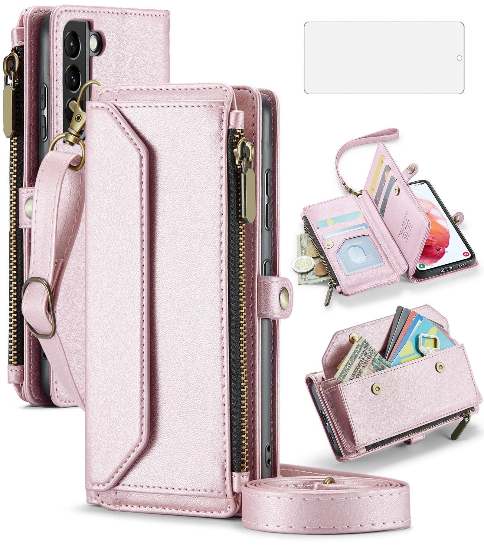 Asuwish Compatible with Samsung Galaxy S21 5G 6.2 inch Zipper Wallet Phone Case Tempered Glass Screen Protector Crossbody Lanyard Strap Flip Card Holder Slot Cell Cover for S 21 21S Women Rose Gold