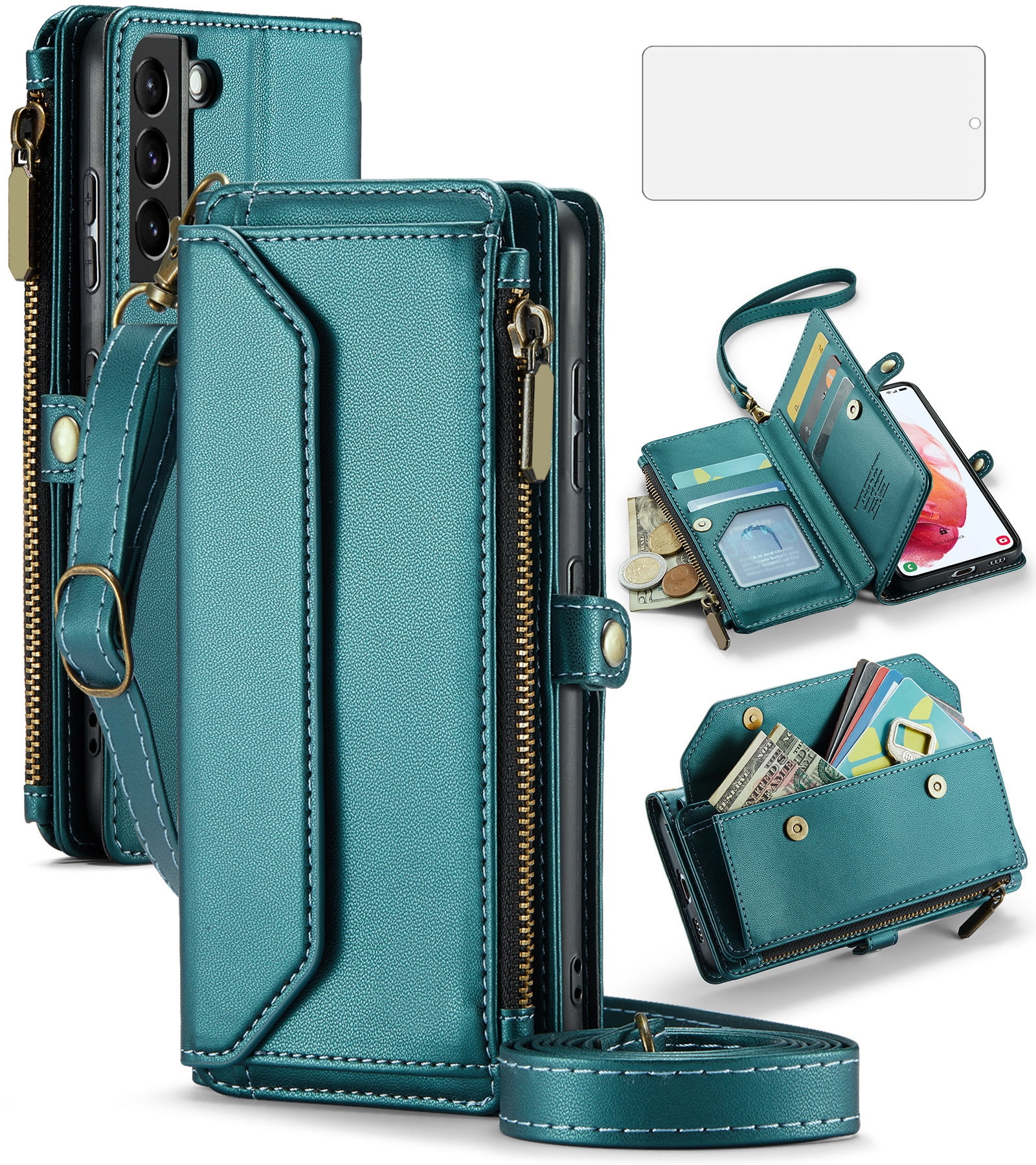 Asuwish Compatible with Samsung Galaxy S21 5G 6.2 inch Zipper Wallet Phone Case Tempered Glass Screen Protector Crossbody Lanyard Strap Flip Card Holder Slot Cell Cover for S 21 21S G5 Women Green