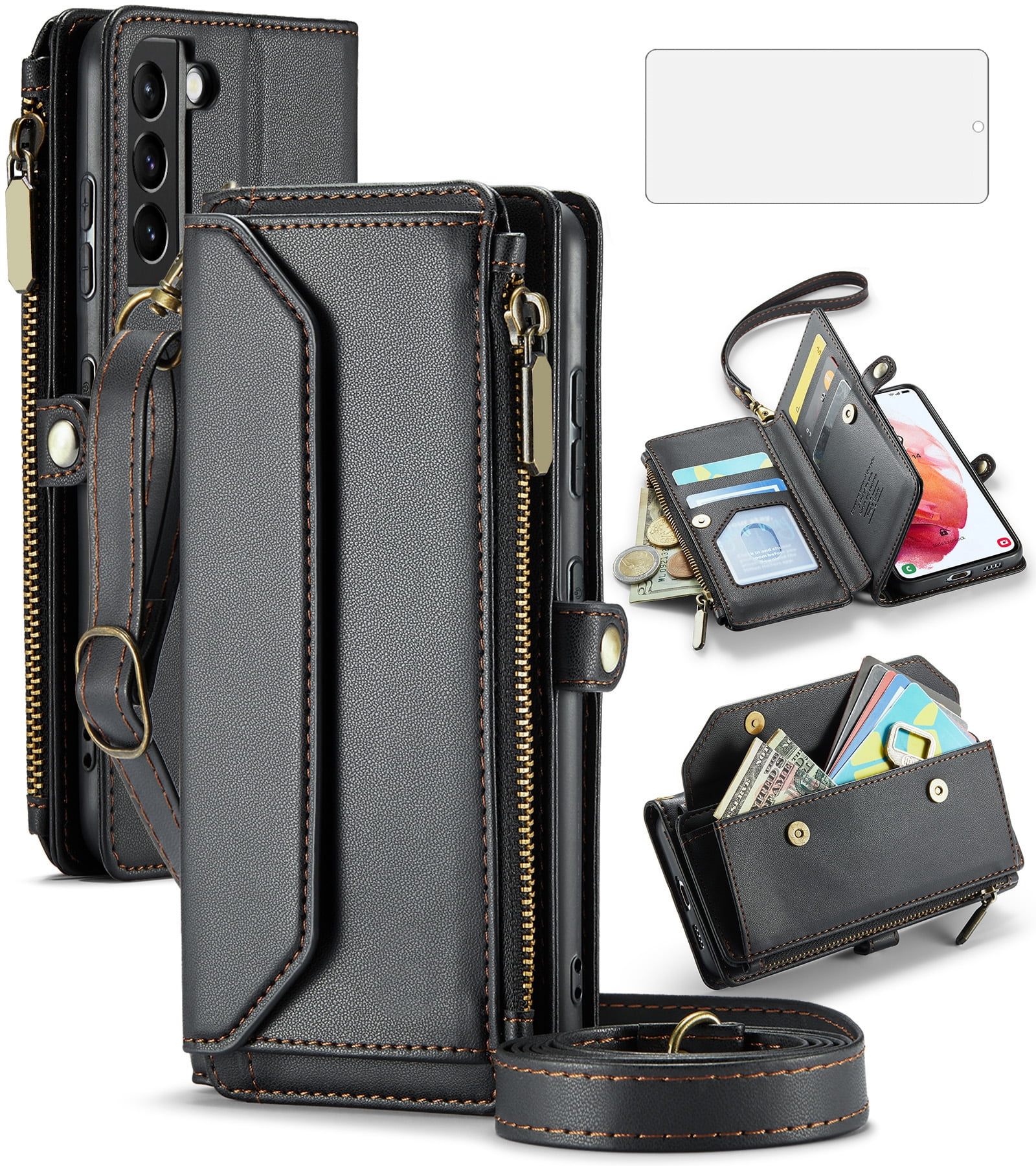 Asuwish Compatible with Samsung Galaxy S21 5G 6.2 inch Zipper Wallet Phone Case Tempered Glass Screen Protector Crossbody Lanyard Strap Flip Card Holder Slot Cell Cover for S 21 21S G5 Women Black