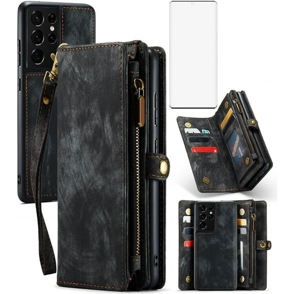 Asuwish Compatible with Samsung Galaxy S21 Ultra 5G Phone Case Zipper Wallet Detachable Tempered Glass Screen Protector Strap Flip Card Holder Cell Cover for S21ultra 21S S 21 21ultra G5 Women Black
