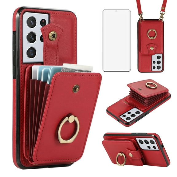 Asuwish Compatible with Samsung Galaxy S21 Ultra 5G Wallet Phone Case Screen Protector Ring Crossbody Strap Stand Credit Card Holder RFID Cell Cover for S21ultra 21S S 21 21ultra G5 Women Girls Red