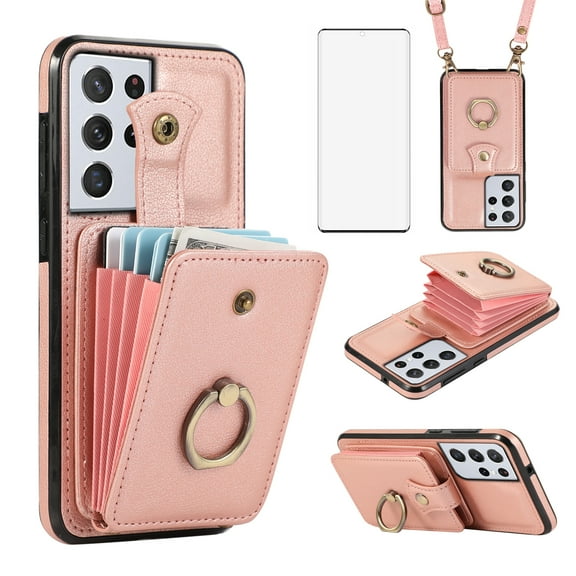 Asuwish Compatible with Samsung Galaxy S21 Ultra 5G Wallet Phone Case Screen Protector Ring Crossbody Strap Stand Credit Card Holder RFID Cell Cover for S21ultra S 21 21ultra Women Girls Rose Gold