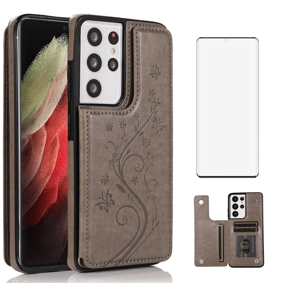 Asuwish Compatible with Samsung Galaxy S21 Ultra 5G Wallet Phone Case Tempered Glass Screen Protector and Flower PU Leather Credit Card Holder Stand Cell Cover for S21ultra 21S S 21 21ultra G5 Grey