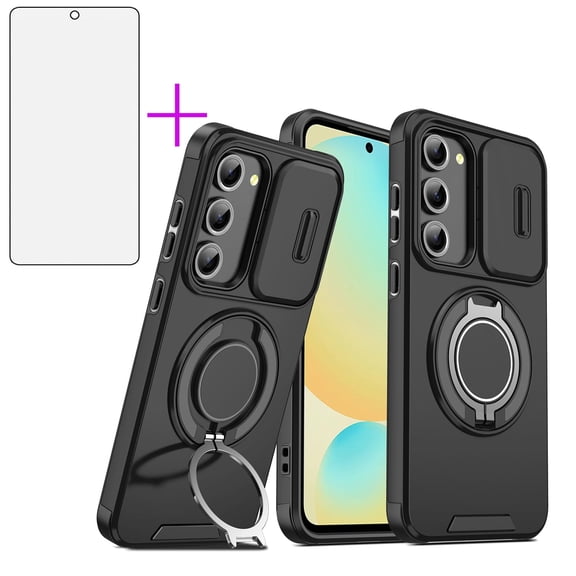 Asuwish Compatible with Samsung Galaxy S22 5G Phone Case Slide Camera Cover Tempered Glass Screen Protector Stand Ring Holder Rugged Slim Cell for S 22 22S 4G G5 6.1 inch Women Men Black