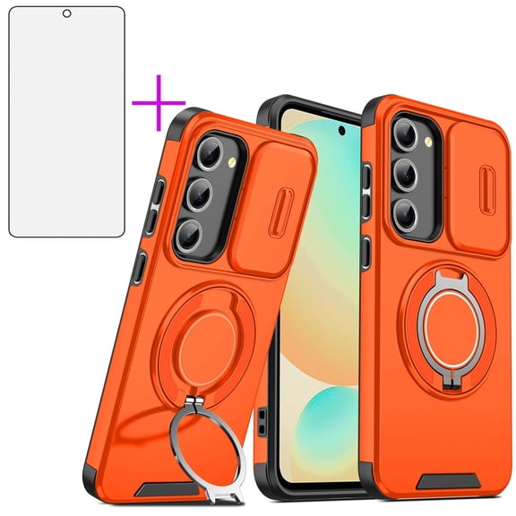 Asuwish Compatible with Samsung Galaxy S22 5G Phone Case Slide Camera Cover Tempered Glass Screen Protector Stand Ring Holder Rugged Slim Cell for S 22 22S 4G G5 6.1 inch Women Men Orange