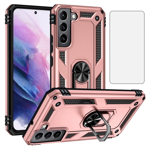 Asuwish Compatible with Samsung Galaxy S22 5G Phone Case Tempered Glass Screen Protector Slim Magnetic Ring Holder Stand Hybrid Protective Cell Cover for S 22 22S 4G G5 6.1 inch Women Men Pink
