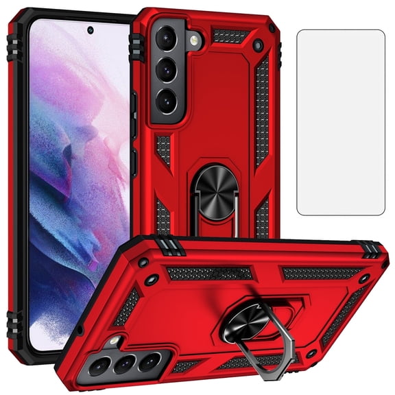 Asuwish Compatible with Samsung Galaxy S22 5G Phone Case Tempered Glass Screen Protector Slim Magnetic Ring Holder Stand Hybrid Protective Cell Cover for S 22 22S 4G G5 6.1 inch Women Men Red