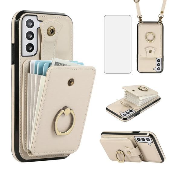 Asuwish Compatible with Samsung Galaxy S22 5G Wallet Phone Case Screen Protector Ring Crossbody Strap Stand Credit Card Holder RFID Cell Cover for S 22 22S 4G G5 6.1 inch Women Girls Beige