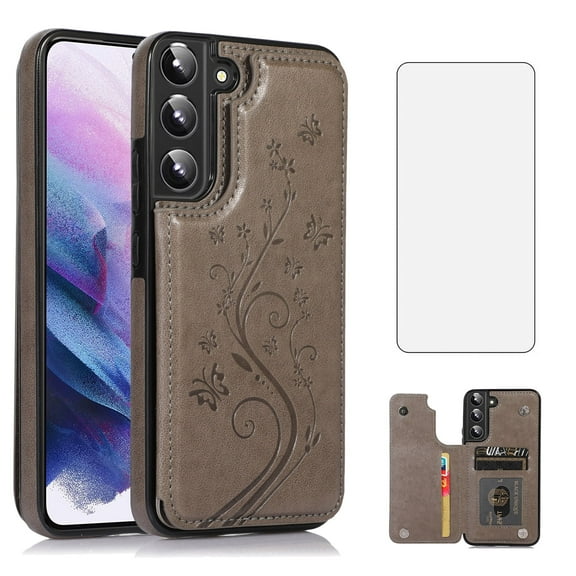 Asuwish Compatible with Samsung Galaxy S22 5G Wallet Phone Case Tempered Glass Screen Protector and Flower PU Leather Credit Card Holder Stand Cell Cover for S 22 22S 4G G5 6.1 inch Women Men Grey