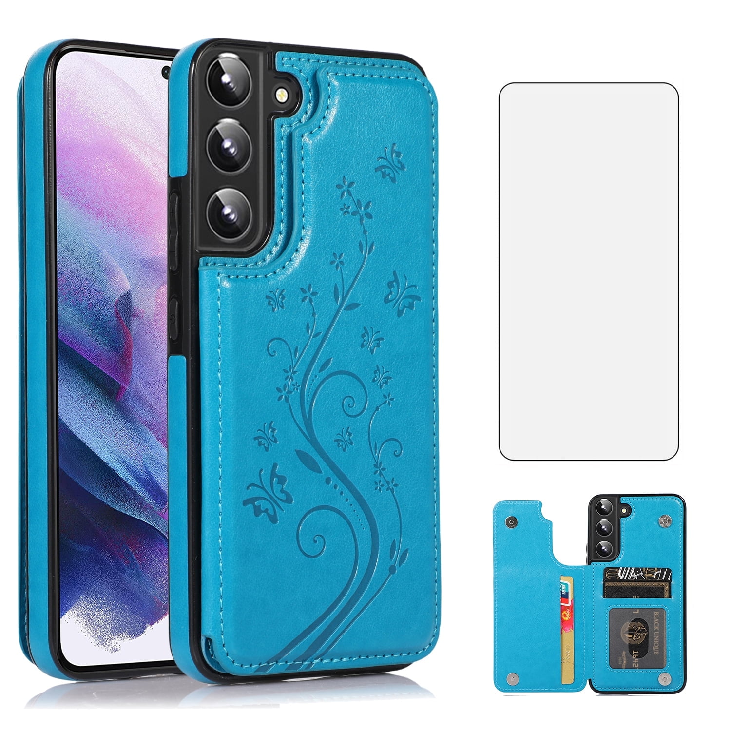 Asuwish Compatible with Samsung Galaxy S22 5G Wallet Phone Case Tempered Glass Screen Protector and Flower PU Leather Credit Card Holder Stand Cell Cover for S 22 22S 4G G5 6.1 inch Women Men Blue