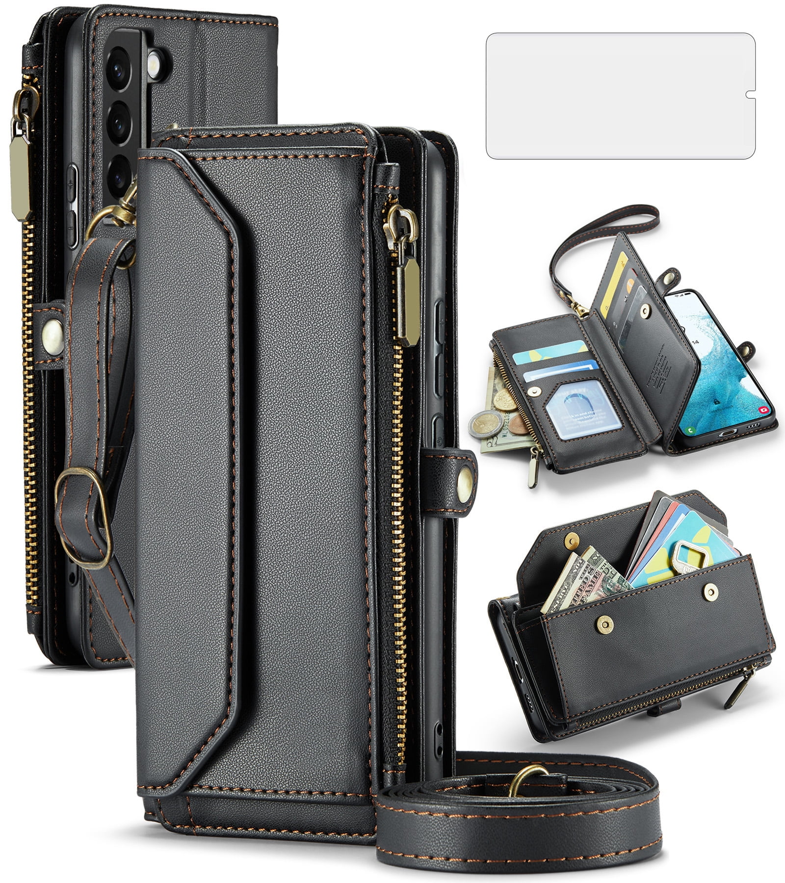 Asuwish Compatible with Samsung Galaxy S22 5G Zipper Wallet Phone Case Tempered Glass Screen Protector Crossbody Lanyard Strap Flip Card Holder Slot Cell Cover for S 22 22S 4G G5 6.1 Women Black