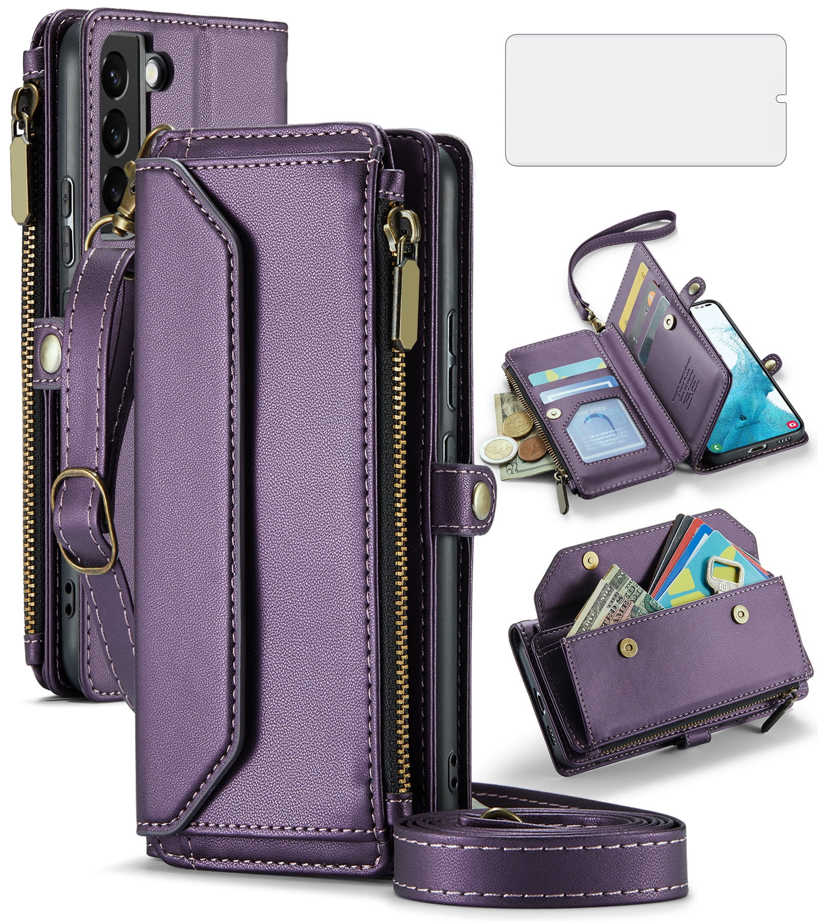 Asuwish Compatible with Samsung Galaxy S22 5G Zipper Wallet Phone Case Tempered Glass Screen Protector Crossbody Lanyard Strap Flip Card Holder Slot Cell Cover for S 22 22S 4G G5 6.1 Women Purple