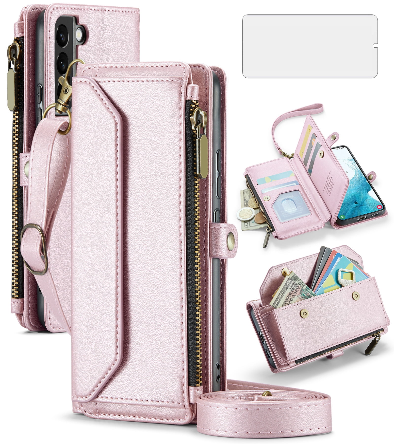 Asuwish Compatible with Samsung Galaxy S22 5G Zipper Wallet Phone Case Tempered Glass Screen Protector Crossbody Lanyard Strap Flip Card Holder Slot Cell Cover for S 22 22S 4G G5 6.1 Women Rose Gold