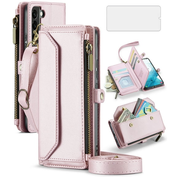 Asuwish Compatible with Samsung Galaxy S22 5G Zipper Wallet Phone Case Tempered Glass Screen Protector Crossbody Lanyard Strap Flip Card Holder Slot Cell Cover for S 22 22S 4G G5 6.1 Women Rose Gold