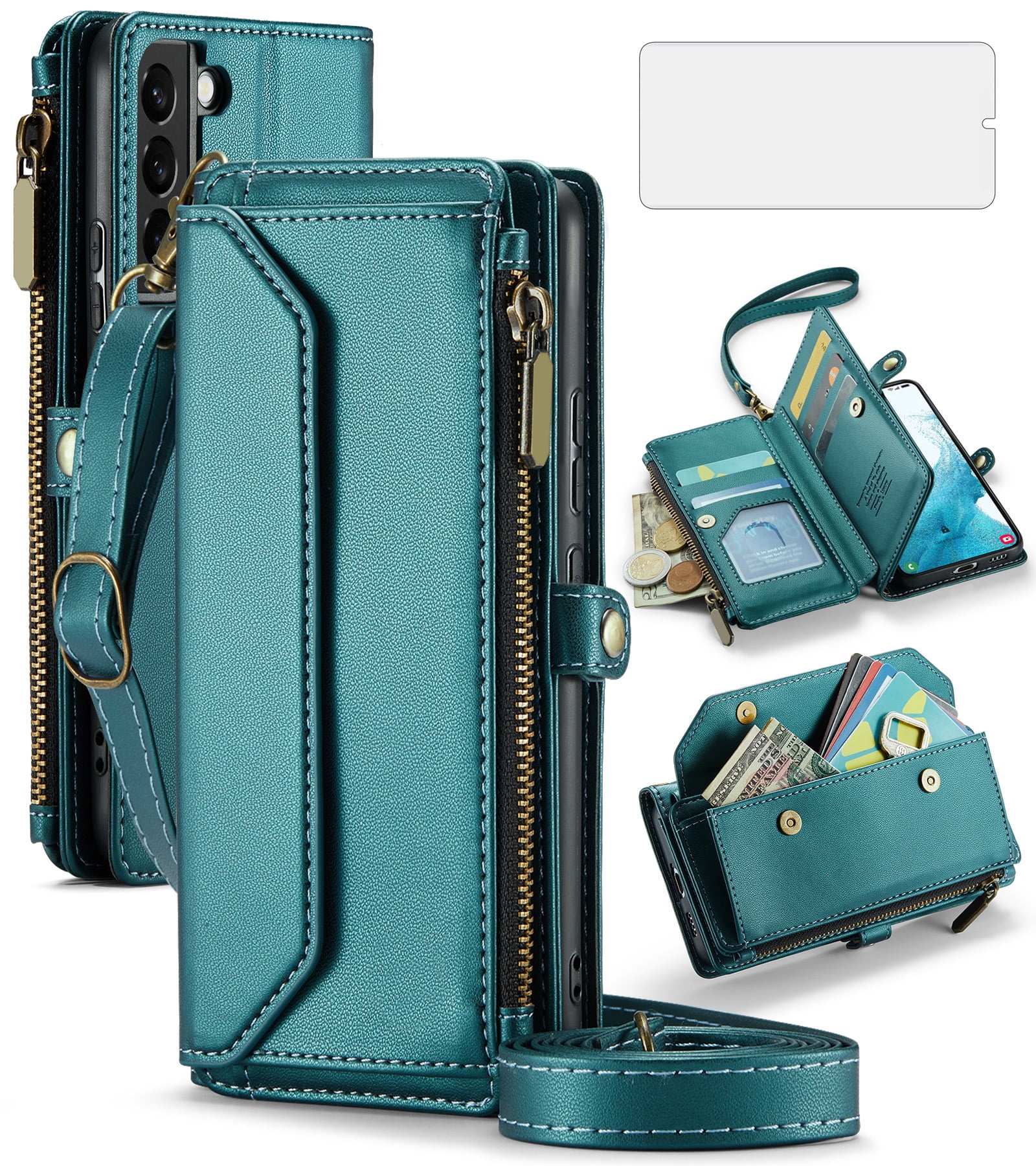 Asuwish Compatible with Samsung Galaxy S22 5G Zipper Wallet Phone Case Tempered Glass Screen Protector Crossbody Lanyard Strap Flip Card Holder Slot Cell Cover for S 22 22S 4G G5 6.1 Women Green