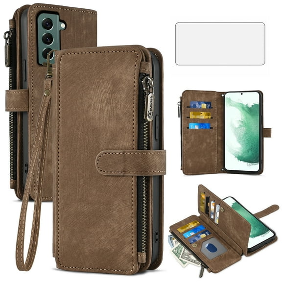 Asuwish Compatible with Samsung Galaxy S22 Plus S22+ 5G Wallet Phone Case and Tempered Glass Screen Protector Faux Leather Flip Card Holder Zipper Cell Cover for S22+5G S22plus 22S + S 22 22+ Brown