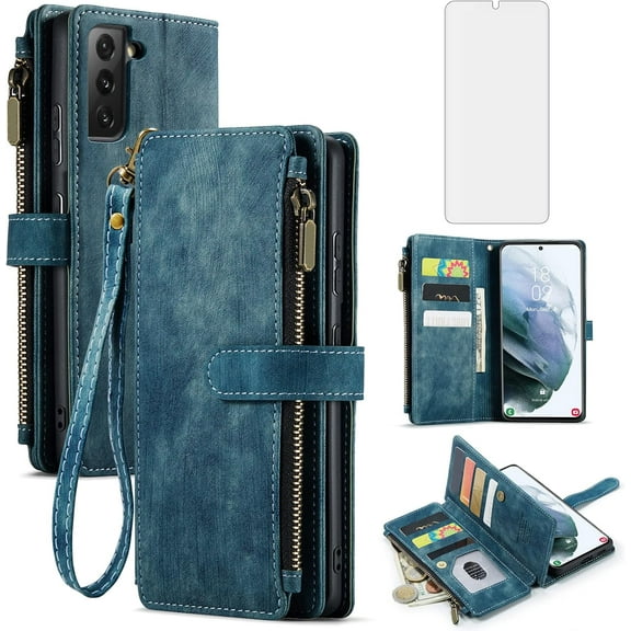 Asuwish Compatible with Samsung Galaxy S22 Plus S22+ 5G Wallet Phone Case and Tempered Glass Screen Protector Faux Leather Flip Card Holder Zipper Cell Cover for S22+5G S22plus 22S + S 22 22+ Blue