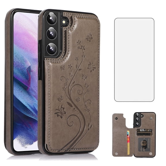 Asuwish Compatible with Samsung Galaxy S22 Plus S22+ 5G Wallet Phone Case Tempered Glass Screen Protector and Flower PU Leather Card Holder Stand Cell Cover for S22+5G S22plus 22S + S 22 22+ Men Grey