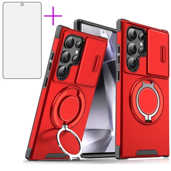 Asuwish Compatible with Samsung Galaxy S22 Ultra 5G Phone Case Slide Camera Cover Tempered Glass Screen Protector Stand Ring Holder Rugged Slim Cell for S22ultra 22S S 22 S22ultra5g Women Men Red