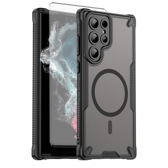 Asuwish Compatible with Samsung Galaxy S22 Ultra 5G Phone Case Tempered Glass Screen Protector Slim Magnetic Translucent Matte Back Shockproof Hybrid Protective Cover for S22Ultra 22S Women Men Black
