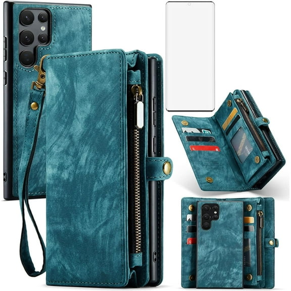 Asuwish Compatible with Samsung Galaxy S22 Ultra 5G Phone Case Zipper Wallet Tempered Glass Screen Protector Lanyard Strap Flip Card Holder Cell Cover for S22ultra 22S S 22 S22ultra5g 6.8 Women Blue