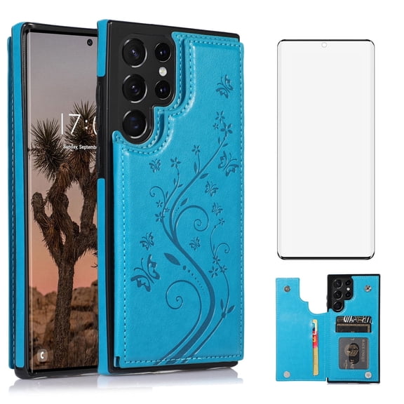 Asuwish Compatible with Samsung Galaxy S22 Ultra 5G Wallet Phone Case Tempered Glass Screen Protector and Flower PU Leather Card Holder Stand Cell Cover for S22ultra 22S S 22 S22ultra5g 6.8 Men Blue