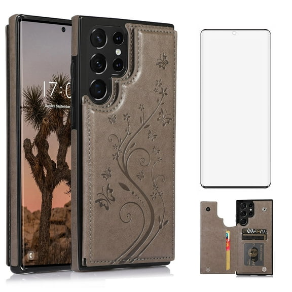 Asuwish Compatible with Samsung Galaxy S22 Ultra 5G Wallet Phone Case Tempered Glass Screen Protector and Flower PU Leather Card Holder Stand Cell Cover for S22ultra 22S S 22 S22ultra5g 6.8 Men Grey