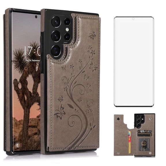Asuwish Compatible with Samsung Galaxy S22 Ultra 5G Wallet Phone Case Tempered Glass Screen Protector and Flower PU Leather Card Holder Stand Cell Cover for S22ultra 22S S 22 S22ultra5g 6.8 Men Grey