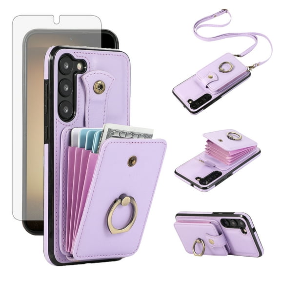 Asuwish Compatible with Samsung Galaxy S23 5G Wallet Phone Case Screen Protector Ring Crossbody Strap Stand Credit Card Holder RFID Cell Cover for S 23 23S GS23 SM-S911U 6.1 inch Women Girls Purple